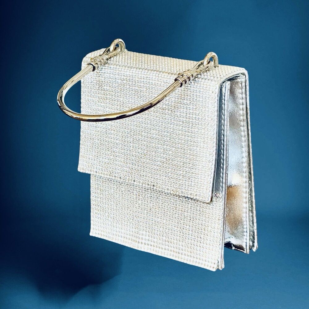 Badgley Mischka Rhinestone Studded Silver Evening Bag Chrome Handle Snap Closure
